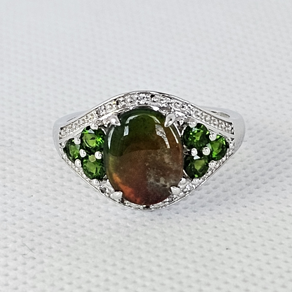 Rare Natural Ammolite & Chrome Diopside Ring in Platinum Overlay. Size 9!